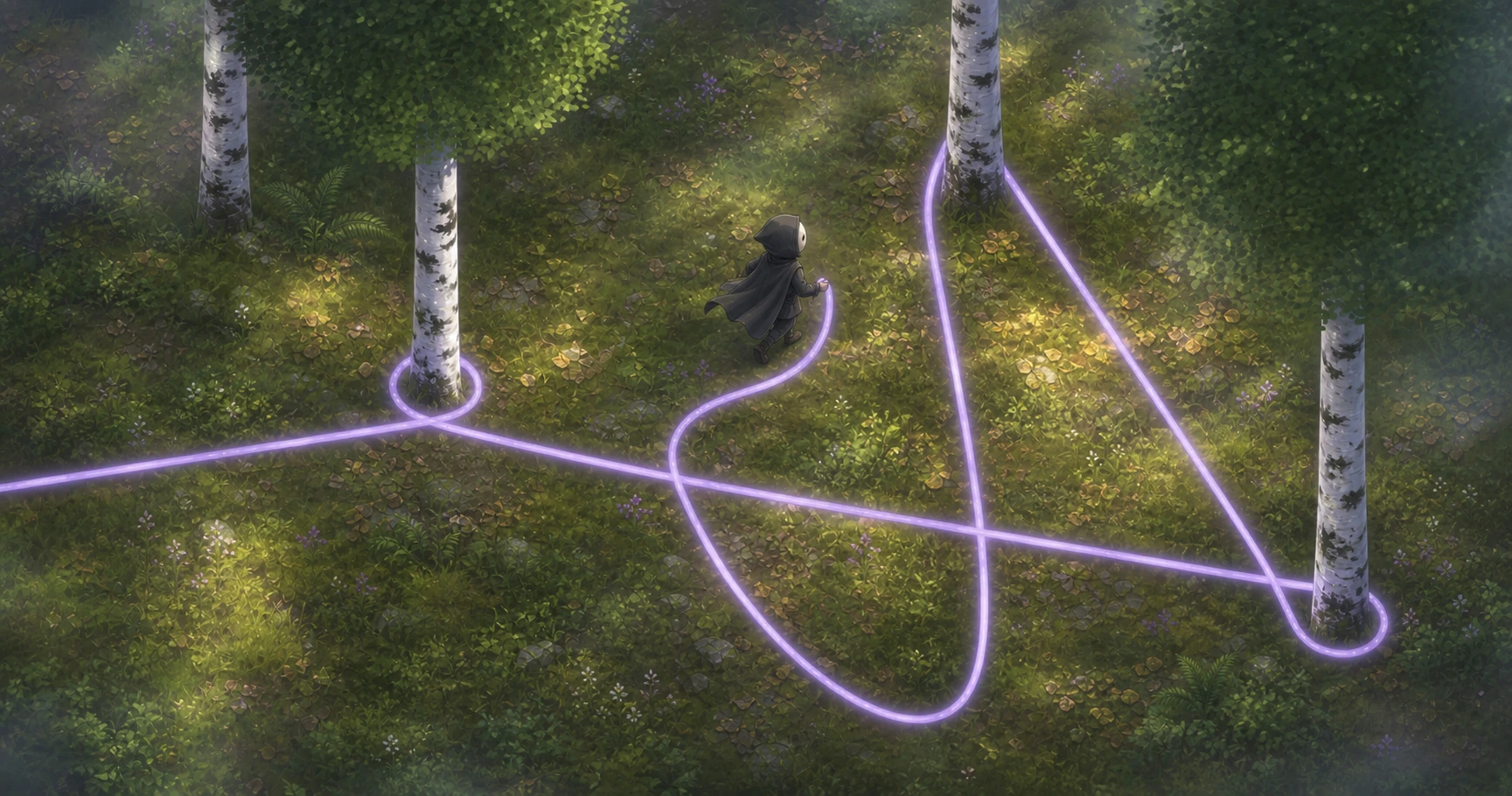 Three-quarter view of a glowing violet rope threading between birch trunks in a forest, a hooded player at center